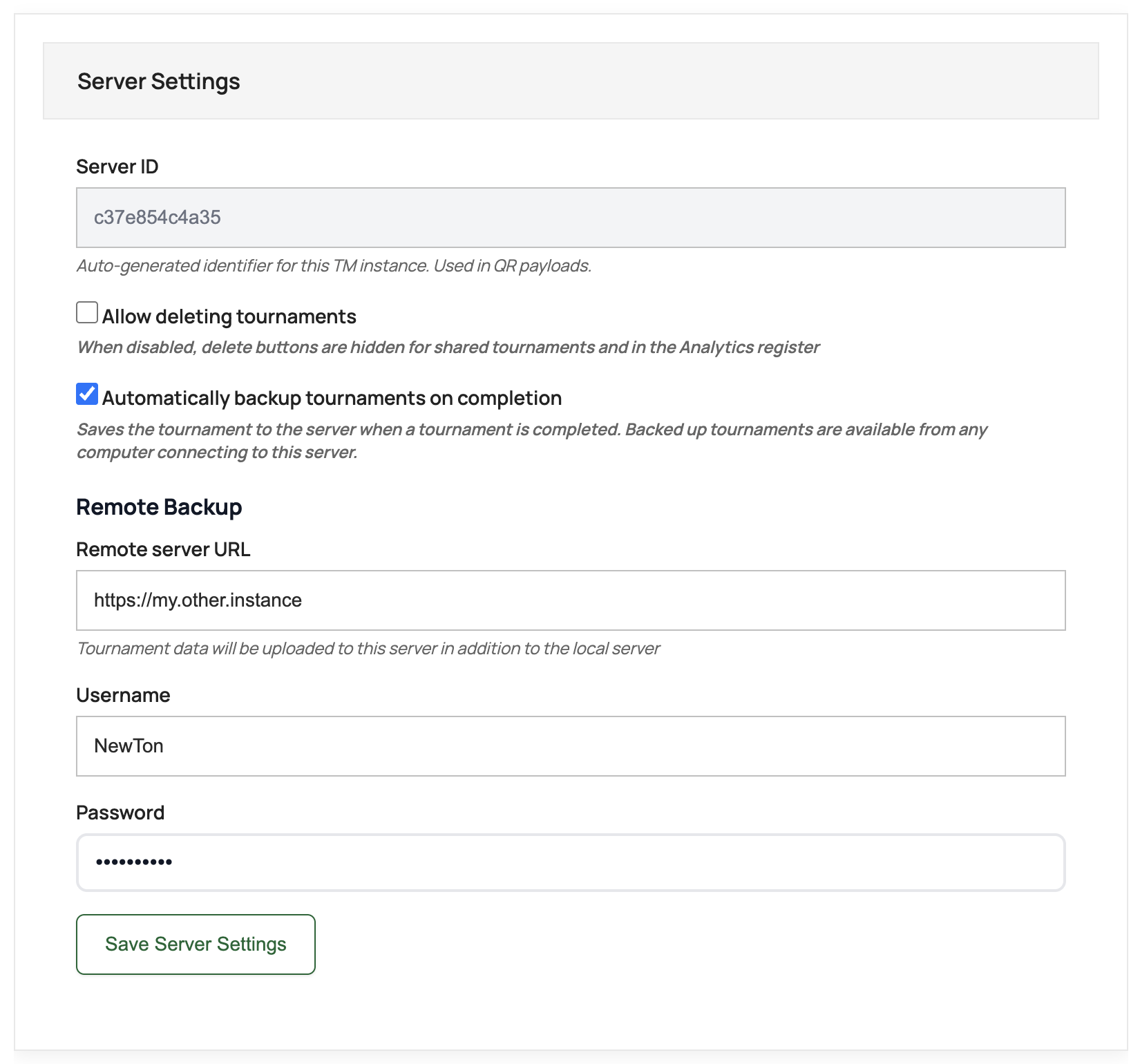 Server Settings panel showing automatic backup configuration