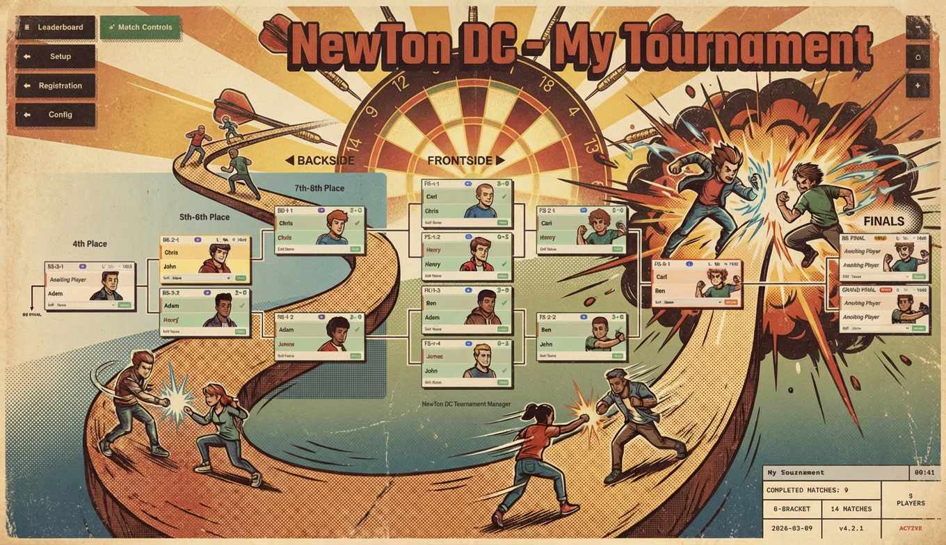 NewTon DC Tournament Manager — retro comic illustration of a darts tournament bracket in action