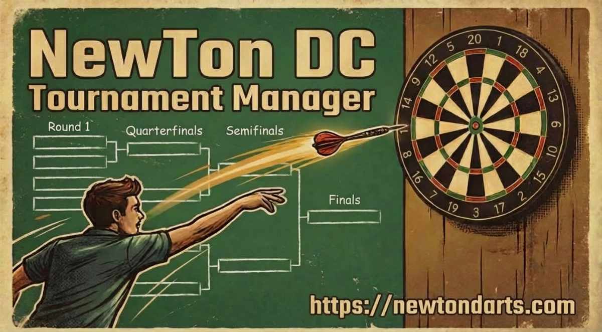 NewTon DC Tournament Manager — retro poster illustration of a player throwing a dart through a tournament bracket