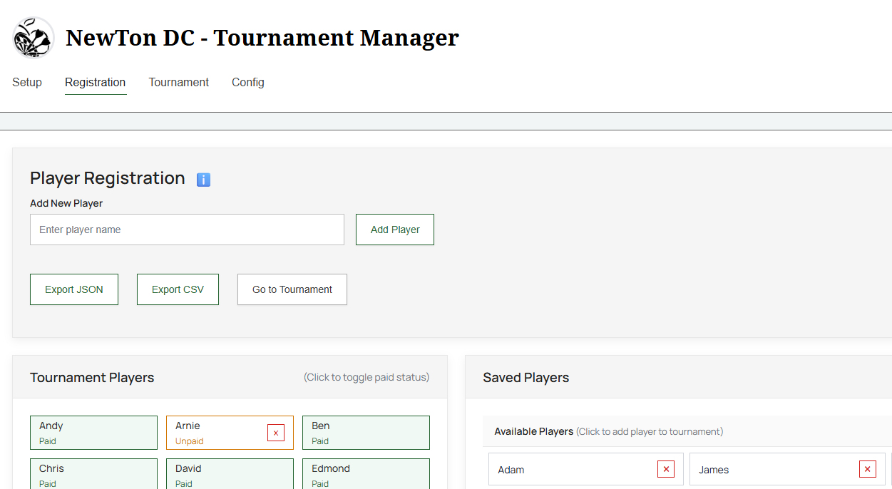 Player registration page with saved players and dynamic help system