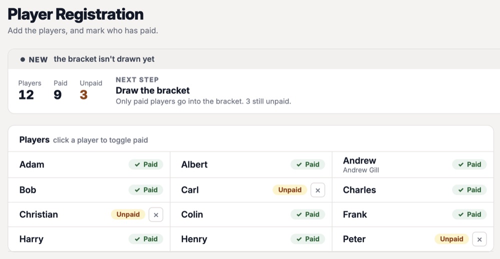 Player Registration: players counted, paid and unpaid