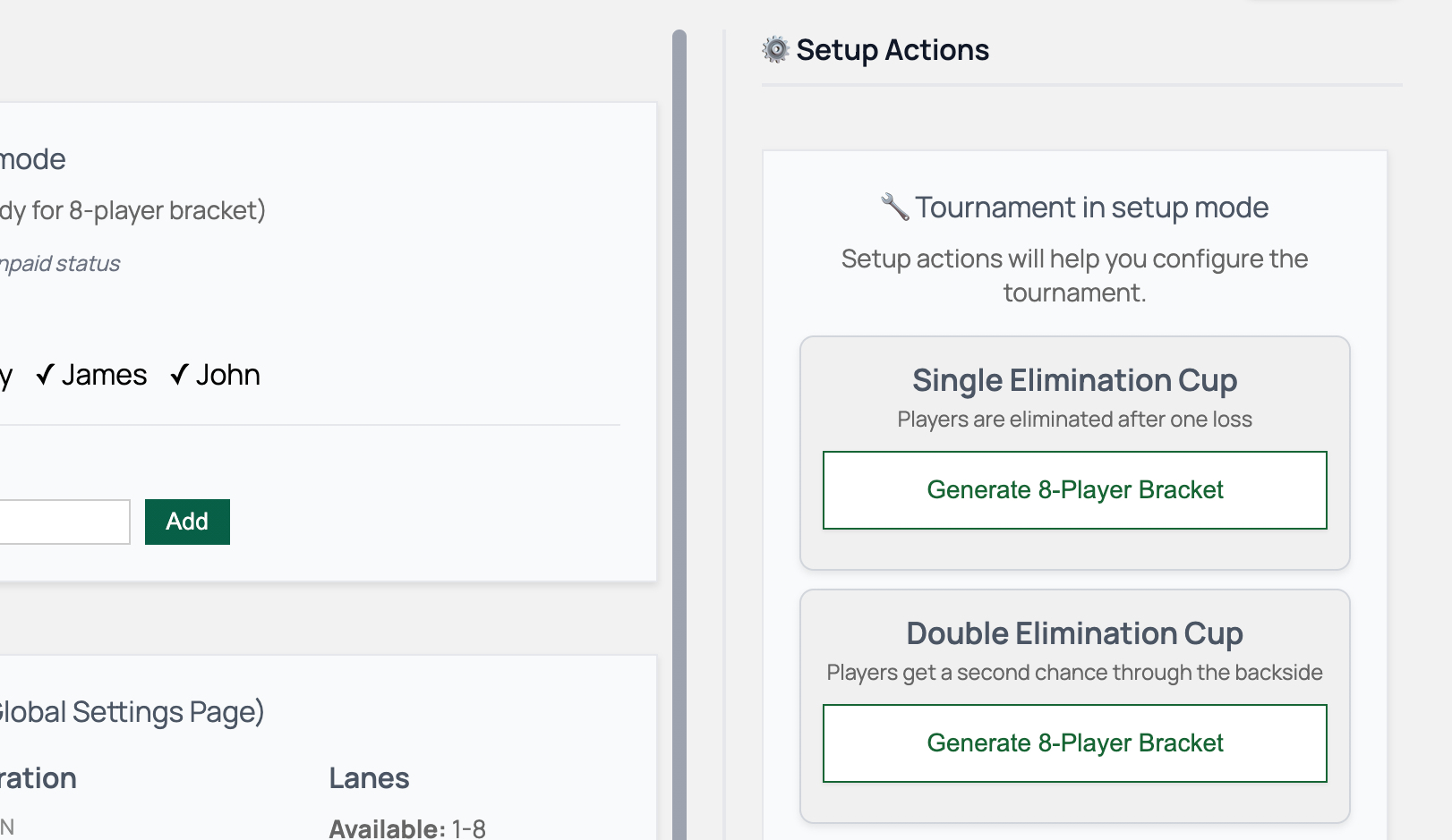 Tournament setup page with name, date, and bracket configuration